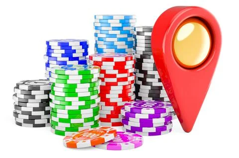 Casino tokens with map pointer. 3D rendering Stock Illustration