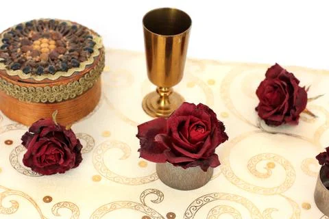 Casket, Cup, Roses. Composition Stock Photos