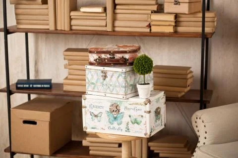 Casket for needlework, sewing in style interior Stock Photos