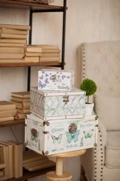 Casket for needlework, sewing in style interior Foto stock