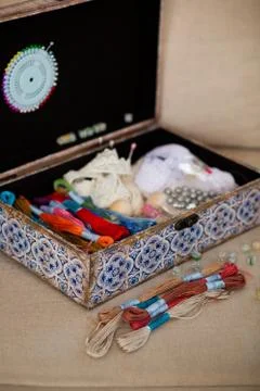 Casket for needlework, sewing in style interior Foto stock