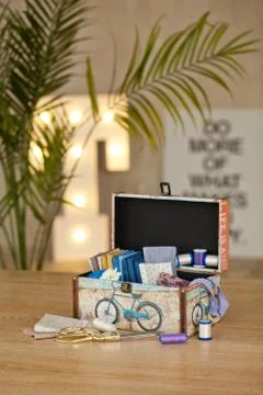 Casket for needlework, sewing in style interior Stock Photos