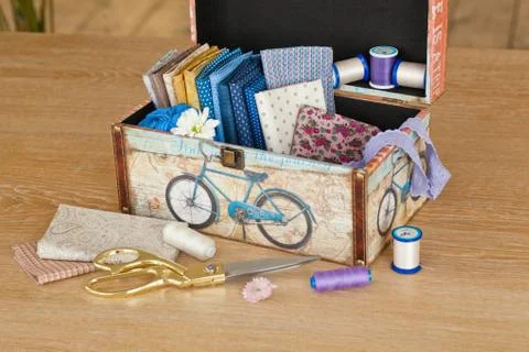 Casket for needlework, sewing in style interior Stock Photos