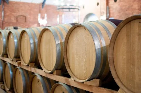 Casks of wine at winery Stock Photos