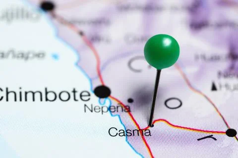 Casma pinned on a map of Peru Stock Photos