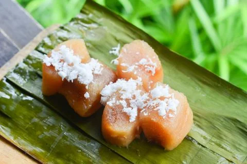 Cassava Cake, a cake made with a mixture of traditional Indonesian brown su.. Stock Photos