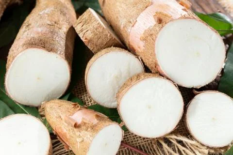 Cassava slices on the table Stock Photos