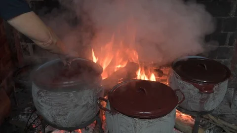 Casseroles on fire with food Stock Footage 123723833