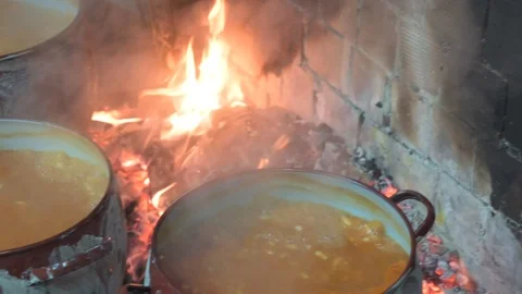 Casseroles on fire with food Stock Footage 123723856