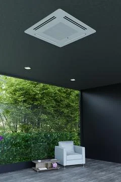 Cassette air conditioner on the background of the window and a white armchair 3d Stock Photos