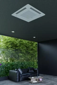 Cassette air conditioner on the background of the window black ceiling 3d Stock Photos