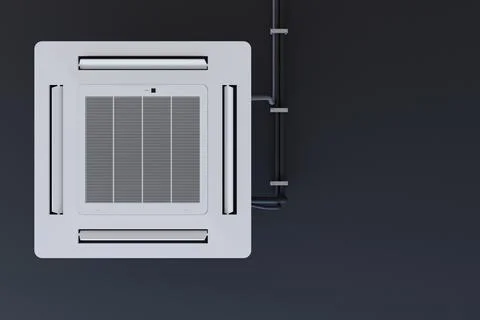 Cassette air conditioner on black ceiling. 3d Stock Illustration