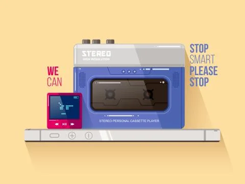 Cassette and mp3 players vs smart phone Stock Illustration