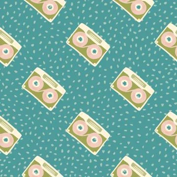 Cassette doodle ornament seamless pattern. Green and pink hand drawn elements 스톡 일러스트