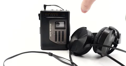Cassette player pushing stop after listening to vintage music Stock Footage 218645367
