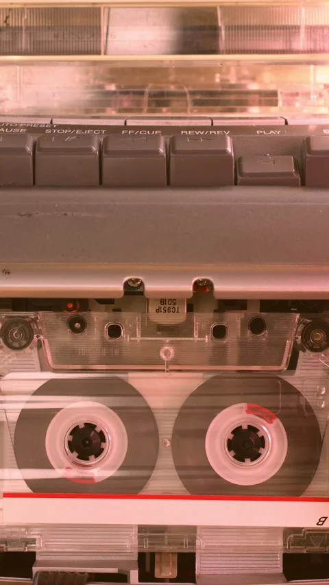 Cassette reels spin inside retro tape recorder as play button is pressed, Stock Footage 305574337
