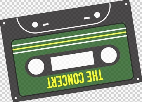 Cassette tape rotating in flat design, green label with yellow stripes, Stock Illustration