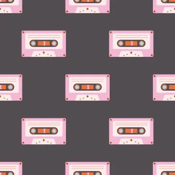 Cassette tape Seamless Pattern on a black background. Vector illustration Stock Illustration