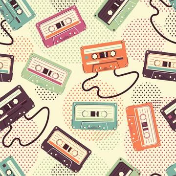 Cassette tape seamless pattern in retro style, flat vector illustration. Illustrazione stock
