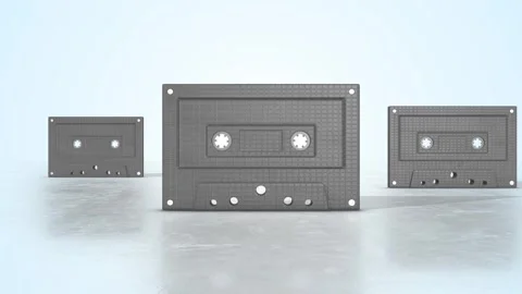 Cassette Tapes on a Light Reflective Floor. Compact Cassette 3D Animation. 4K Stock Footage 308403019