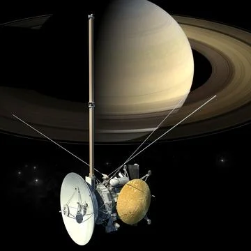 Cassini mission orbiter satellite passing Saturn Stock Illustration