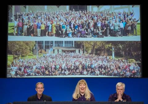 Cassini program manager at JPL, Earl Maize, left, Cassini project scientist.. Stock Photos