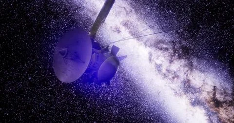 Cassini spacecraft exploring the depths of space in a starry sky Ilustração Stock