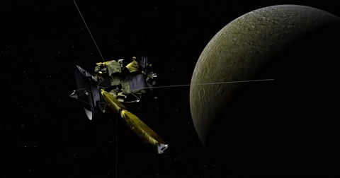 Cassini spacecraft making a close pass of Saturn's moon Rhea Stock Footage 61538285