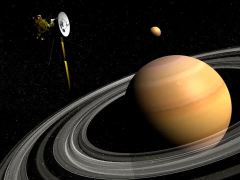 Cassini spacecraft orbiting Saturn and and its moon Titan. Ilustração Stock
