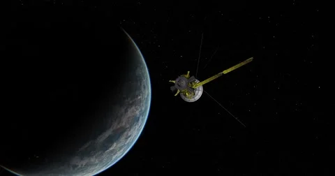 Cassini spacecraft zips past camera as it departs Earth.  Video stock 62390843