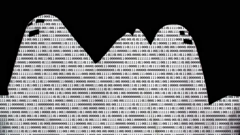 Cast couple in digital binary code silhouette on black background. Programming Stock Footage 144332329