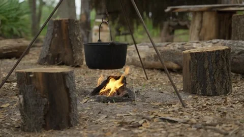 Cast iron cauldron hangs over burning campfire in forest. 動画素材 346324481