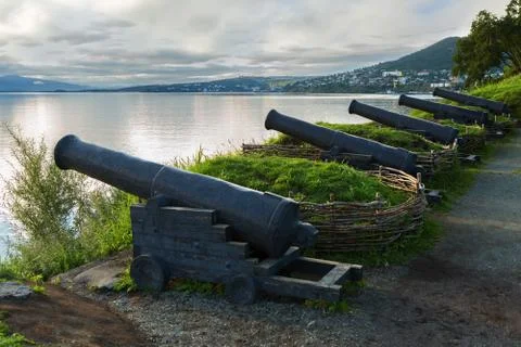 Cast iron guns at the location of the third battery Maksutova in the city of Stock Photos