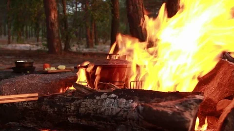 Cast-iron pot on burning fire Stock Footage 78113000