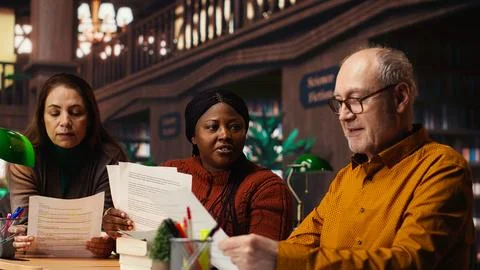 Cast members practicing script reading for a classic drama play in a library Stock Photos