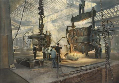 Cast steel processing in a heavy Krupp industrial building. Workers operate Ilustración de archivo