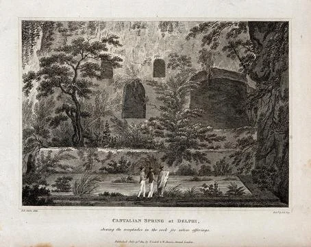 The Castalian spring at Delphi; the cavities in the rock are for votive off.. Stock-Illustration