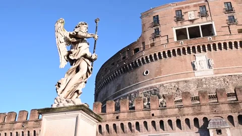 Castel Sant'Angelo, in the foreground one of Bernini's statues of angels. Rome. Stock Footage 148334856