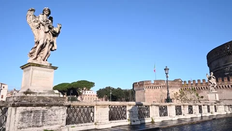 Castel Sant'Angelo, in the foreground one of Bernini's statues of angels. Rome. Stock Footage 148335097