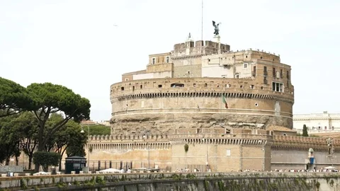 Castel SantAngelo  with a plane flying over it in Rome Italy, slowmo HD Stock-Footage 76792484