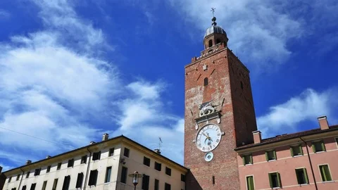 Castelfranco Veneto, Civic tower with clock and statue of the Lion of Saint Mark Stock Footage 78096737