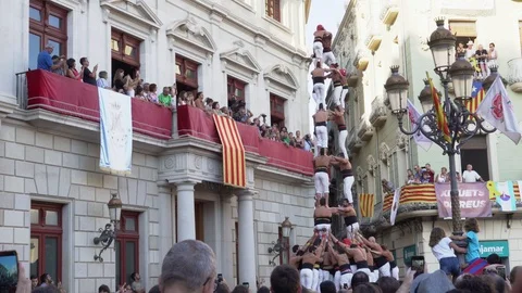 Castell or human tower built traditionally in Catalonia Stock Footage 95429356