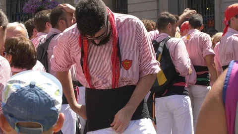 A Casteller Man, preparing himself before the performance Stock Footage 87915072