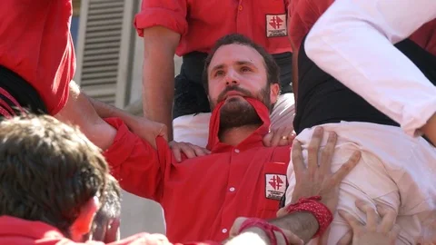 Castellers from Barcelona during a performance. Close Up 2 Video stock 80439545