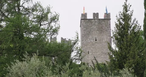 Castello di Vezio or Castle of Vezio tower on a cloudy day. Lake Como, Italy Stock Footage 285923849