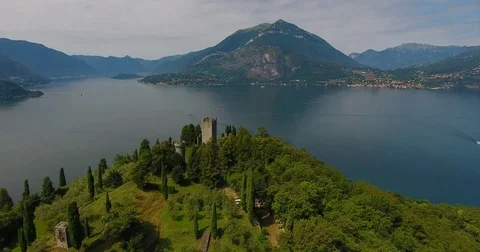 Castello di Vezio, Varenna, Lake Como, Lombardy, Italy from above Stock Footage