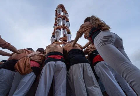 Castells Performance, a castell is a human tower built traditionally in Stock-Fotos