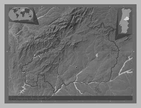 Castelo Branco, Portugal. Grayscale elevation map with lakes and rivers Illustrazione stock