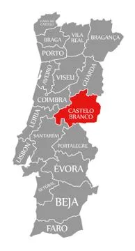 Castelo Branco red highlighted in map of Portugal Stock Illustration