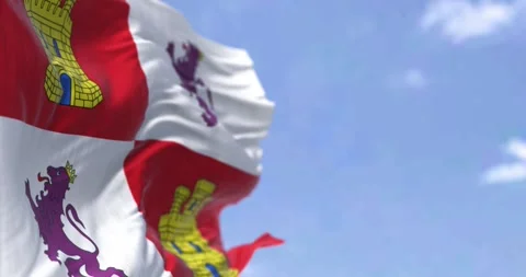 The Castile and Leon flag waving in the wind on a clear days Stock Footage 295138622